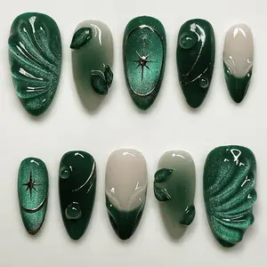 24-Piece Full Adhesive Nail Set, Emerald Cat Eye Press-On Nails, 3D Water Drop Design, Reusable Acrylic False Nails, DIY Manicure Kit