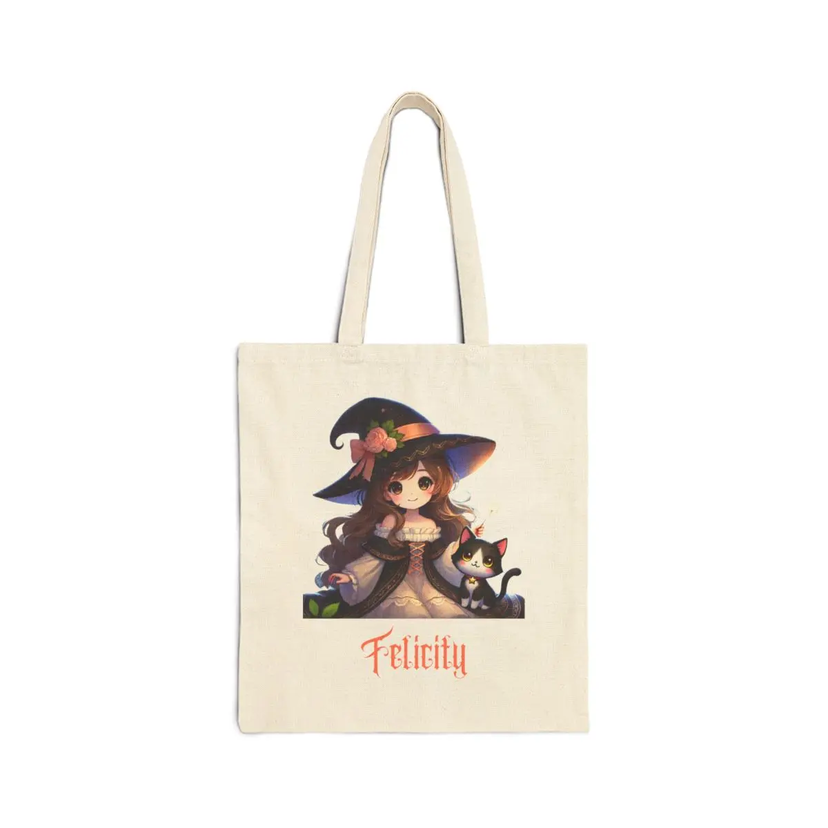 Personalized Witch & Cat Tote Bag - Custom Name Halloween Bag - Eco-Friendly Cotton Canvas Tote Bag