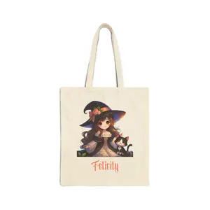 Personalized Witch & Cat Tote Bag - Custom Name Halloween Bag - Eco-Friendly Cotton Canvas Tote Bag