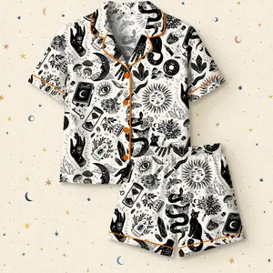 Women’s Witchy Things In Black And White Halloween Cat Short Sleeve Satin Pajama Set, Long Sleeve Satin Pajama Set