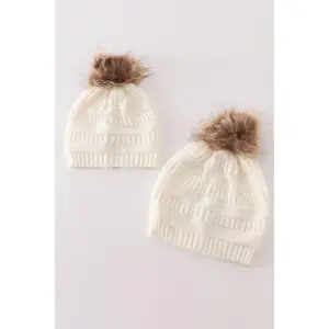 Ivory pompom cable beanie