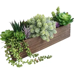 15" Assorted Artificial Succulent Arrangement in Rectangular Wooden Planter Faux Potted Plant for Farmhouse Table Centerpiece Windowsill Shelf Desk Mantel Decor