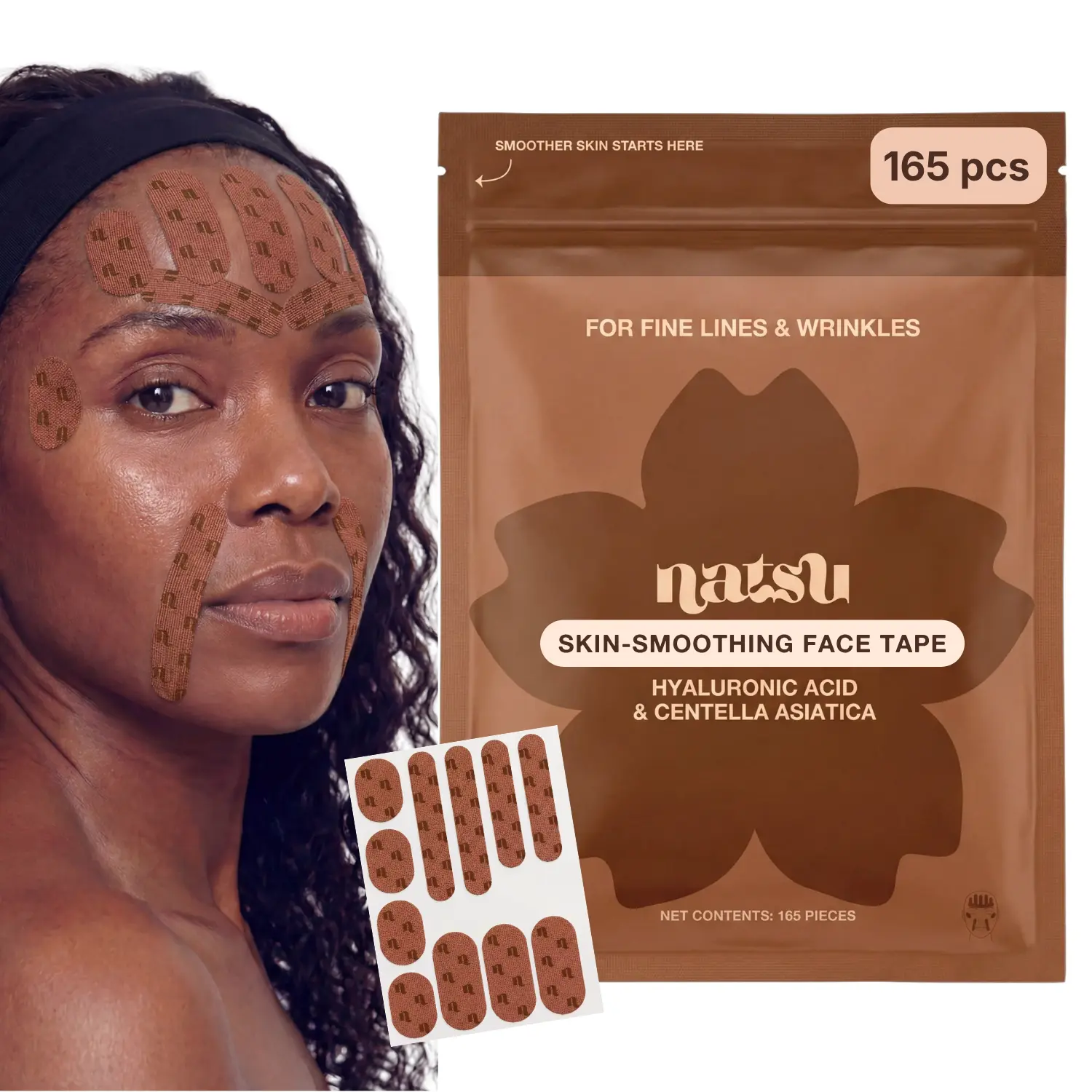 Cotton Face Tape - 165 Pre-Cut - Hyaluronic Acid & Centella Asiatica Cica - Overnight Wrinkle Smoothing for Forehead, Smile Lines, Frown Lines - Hypoallergenic, Latex-Free, Sensitive Skin Friendly Facial Silicone