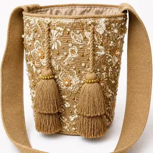 Large Wayuu Recamada Bag khaki with Hand-Sewn Pearl Stones - Unique 11x11in Mochila with Tassels & Imitation Pearls