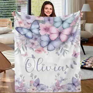 1 Piece Custom Floral Butterfly Pattern Flannel Blanket, Personalized Name Gift, Modern Style, Machine Washable, Multi-Purpose Suitable for Beach, Camping, Car, Sofa, Pet, Office, Suitable for All Seasons, Durable, Digital Printing, Polyester Cover, Knitt