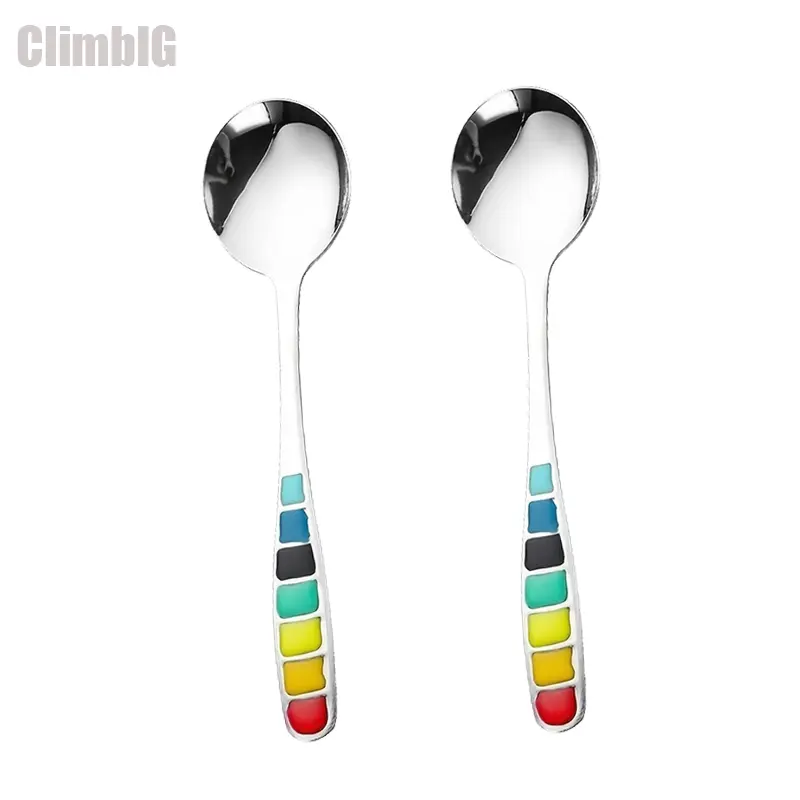 Stylish Rainbow Stainless Steel & Enamel Spoon, Camp Kitchen Cutlery & Tableware for Soups, Ice Cream, Outdoor Camping Hiking, Home Table Settings, 2 Pcs