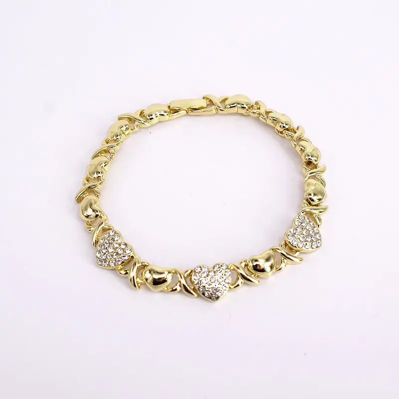 18K Layered Real Gold-Filled XO Bracelet - Modern Layered Hearts Design, 7.5 in Standard Length, Unisex Elegant Jewelry Gold Bracelet