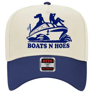 Boats 'N Hoes Funny Trucker Hat | Retro Movie Inspired Yacht Cap | Comedy Graphic Baseball Hat | Navy & Cream Snapback