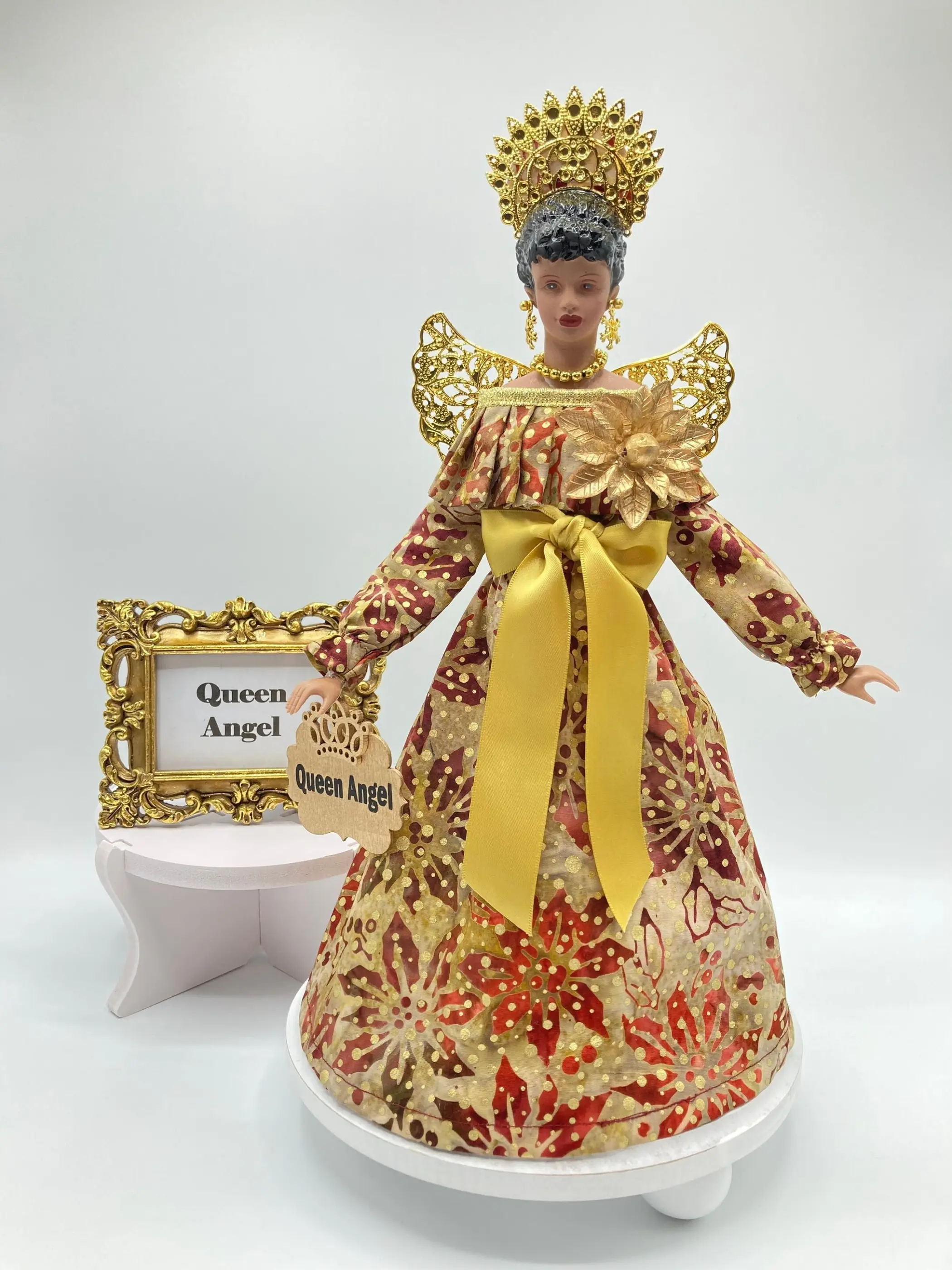 Hand-Crafted African American Queen Angel Tree Topper: Pride & Beauty for the Holidays in Burgundy and Gold