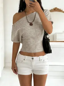 Women's Fashion Elegant Off-Shoulder Short Top, Summer Sweater Pullover, Vacation-Style Knit Top, Short Sleeve Ribbed Hem Cinched Waist for a Slim Fit, Ideal for Casual, Commuting, Outings, Vacations, and Everyday Wear