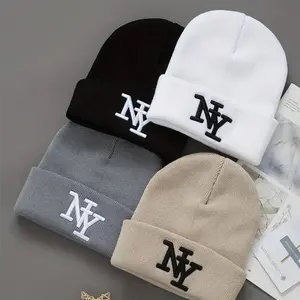 3-Pack Unisex Winter Beanie Hats Solid Color Knitted Warm Outdoor Caps with Embroidered NY Logo Hand Washable Black Acrylic Knitwear