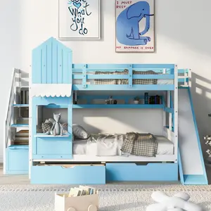 Full Over Full Bunk Bed Frame, Castle Bunk Beds with 2 Drawers 3 Shelves and Slide, Solid Wood Full Bunk Bed (Blue)