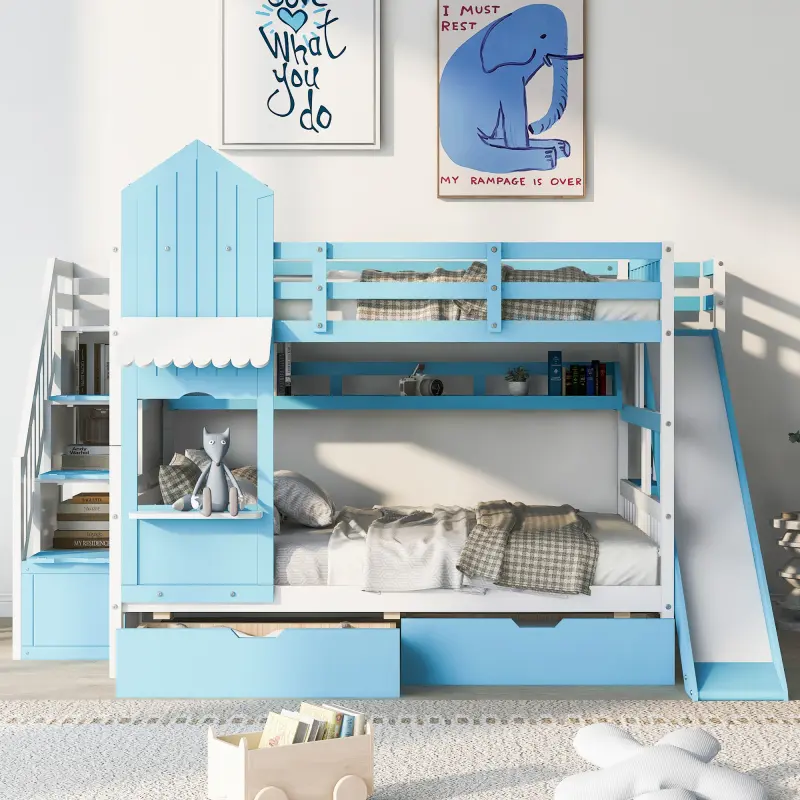 Full Over Full Bunk Bed Frame, Castle Bunk Beds with 2 Drawers 3 Shelves and Slide, Solid Wood Full Bunk Bed (Blue)