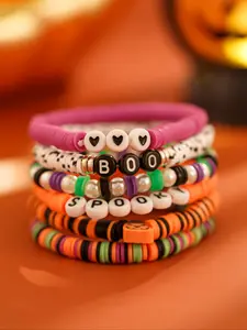 Halloween Party Gift Set, 6-Piece Colorful Soft Clay Bracelets, Acrylic Letter Pumpkin Ghost Design, Holiday Jewelry Accessories