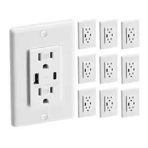 USB Wall Outlet, 24 W 15A Tamper Resistant Electrical Outlet with 1 Type C & 1 Type A Ports, 2 Three-prong AC Outlets, Screwless Wall Plate Included, Charging for Multiple Devices, White