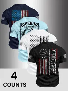 Men's Summer Casual Textured Round Neck T-Shirt Set, Breathable Flag Design, Fashion Comfort Vintage Style, Essential Daily Wear