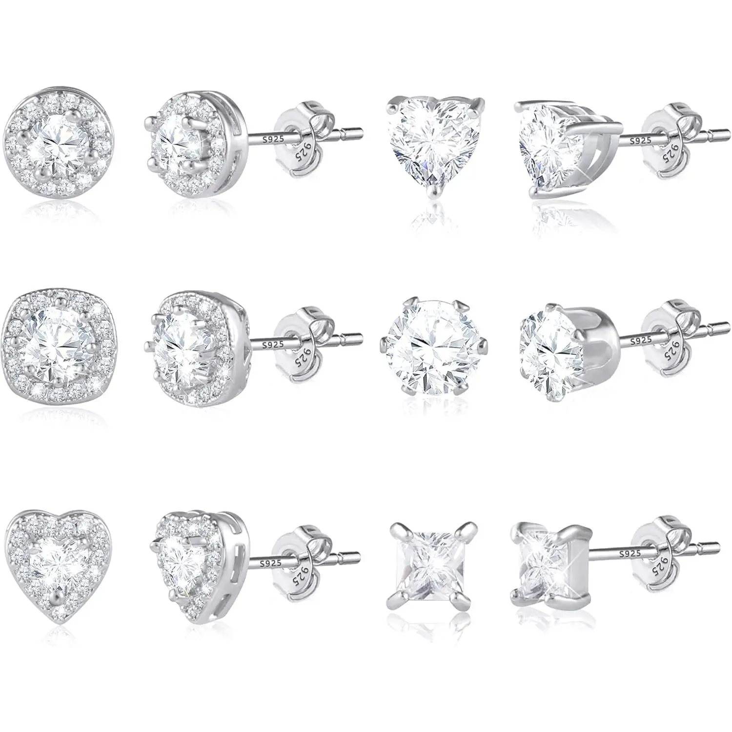 Elegant Unisex Earrings Set with 925 Sterling Posts - Pave Accented round/sq/hrt Shapes, White Gold Plated Jewelry for Any Occasion, Faux Diamonds, Long Lasting Finish, Premium Material, Halo, Stud, Cubic Zirconia, 6 Pairs, Round/Square/Hart