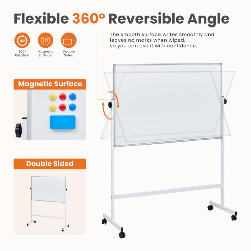 Rolling Whiteboard Double Sided , Magnetic White Board Dry Erase 46"x32" on Wheels, Dry Erase Board with Stand for School, Office and Home, Silver Aluminium Frame