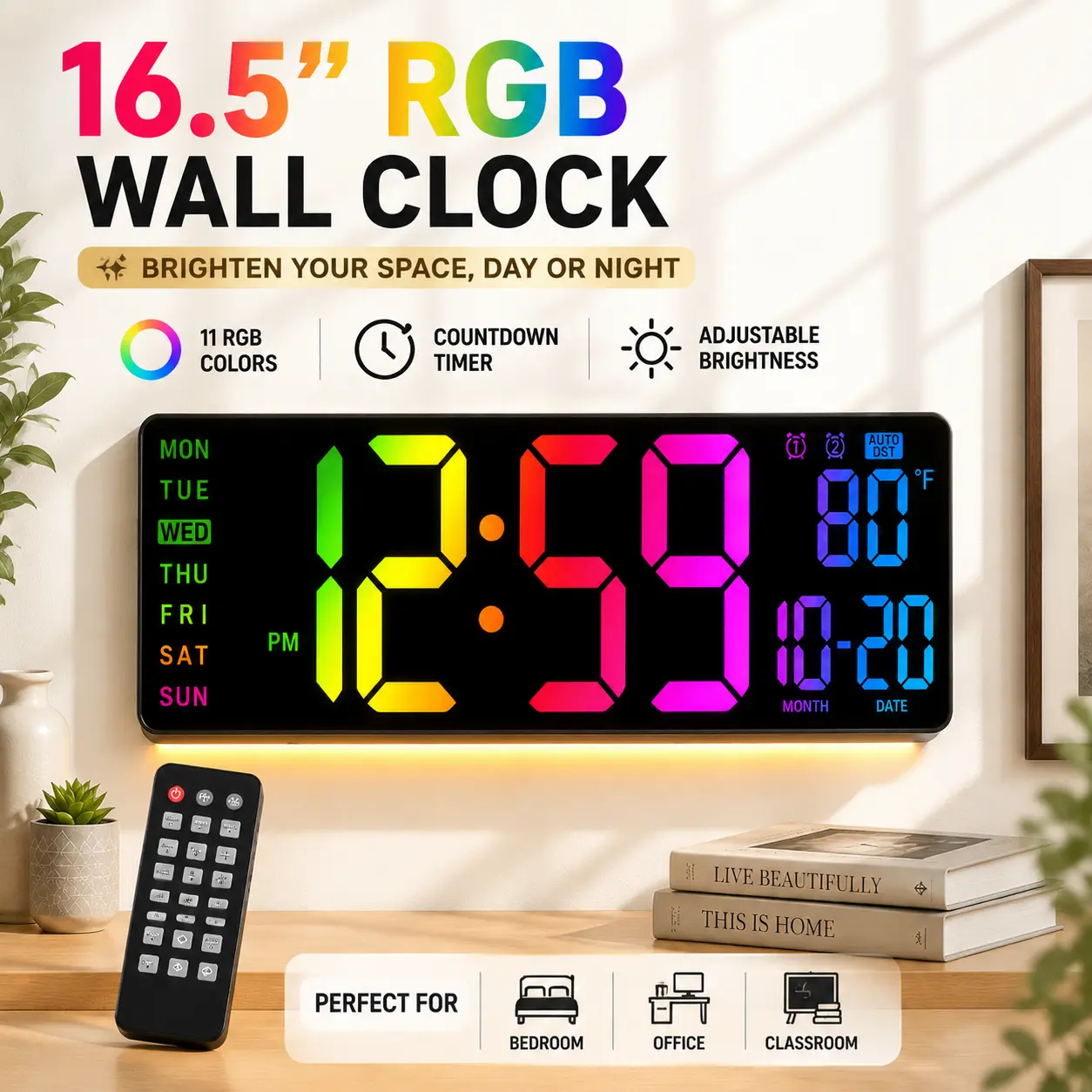 10"/16" Large Digital Wall Clock with Countdown Timer Alarm, 11 RGB Colors Display, Classroom Timer Clock for Teachers, Back to School Supplies, Study Room Desk Clock, Dorm Room Essentials, Living Room Decor Gift