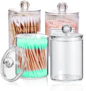 4 Pack Round Acrylic Dispenser Box with Lid, Dustproof Storage Box For Cotton Pads, Clear Plastic Jar Set, Bathroom Canister and Storage Jar