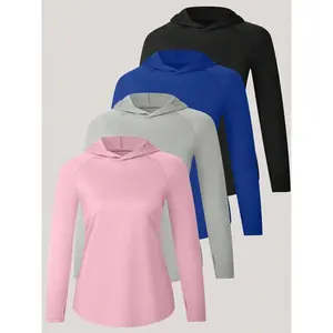 4 Pieces Of Women's Sun Protection Hoodies, Hooded UV Resistant Long Sleeved T-Shirts, Quick Drying Lightweight Sun Protection Hoodies, Breathable And Elastic Hiking Shirts, Long Sleeved Running And Outdoor Exercise Shirts,100% Polyester