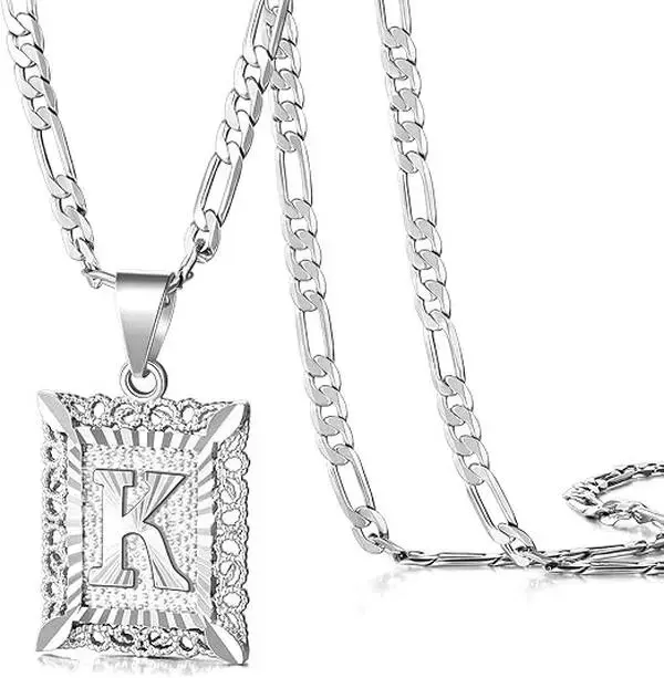Peonalized Square Capital Monogram Silvery Pendant Necklace for Men Women, Chic Initial Letter A-Z Pendant Figaro Chain Jewelry Festivals, Birthdays, and Special Occasions