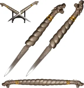 19" Twin Dragon Fantasy Knife - Dual Blade Collector Knife with Acid Etched Stainless Steel & Display Stand