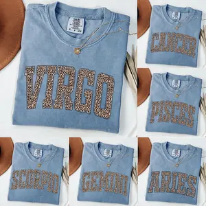 Comfort Colors Astrology Leopard Zodiac Shirt, 12 Horoscope Signs Tee, Aries Taurus Gemini Virgo Libra Scorpio Aquarius Pisces Gift, Trendy Aesthetic Casual Wear, Blue Jean Color