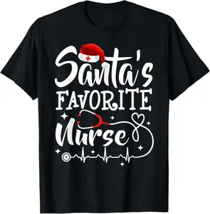 100% Cotton Santa's Favorite Nurse Christmas Scrub Top Stethoscope Xmas T-Shirt
