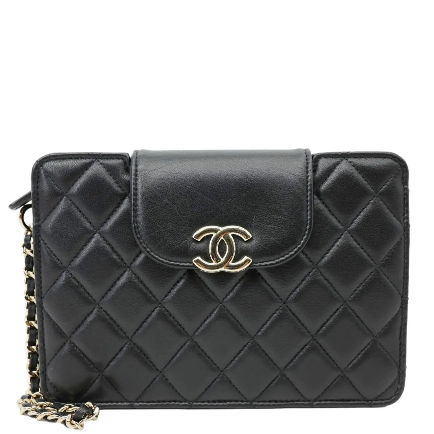 Pre-owned CHANEL Lambskin Leather Clutches & Wristlets CC Quilted Pouch Wristlet Black