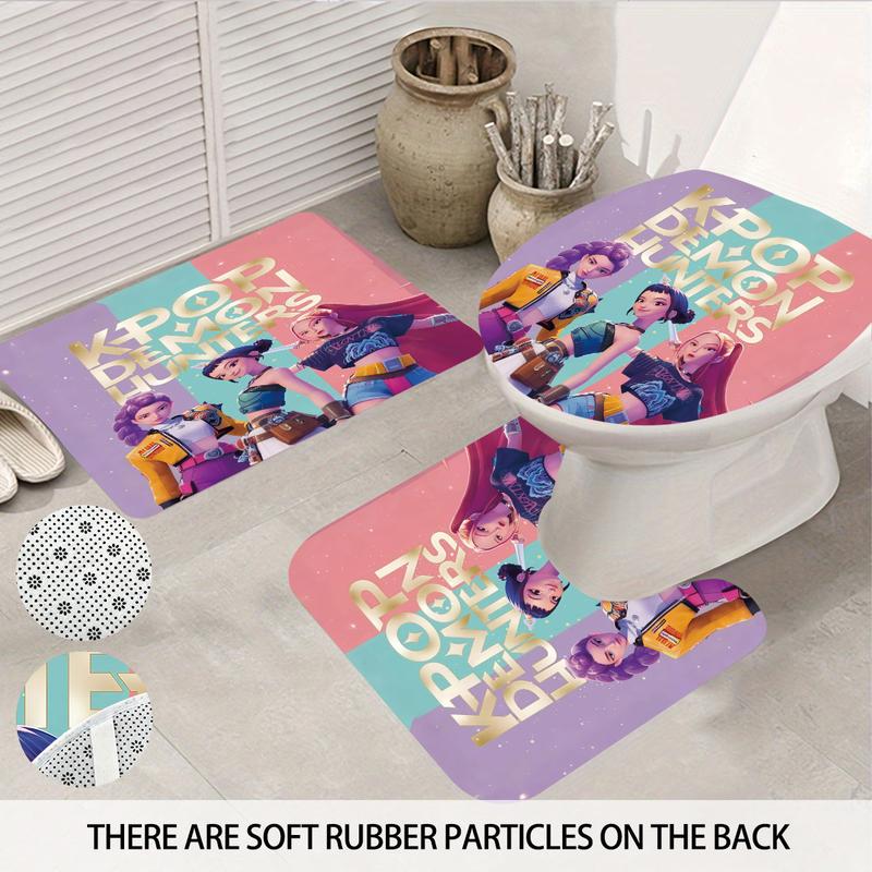 K-POP Demon Hunters Bathroom Set, Shower Curtain with Hooks, Non-Slip Bath Rug, U-Shaped Toilet Mat, Toilet Lid Cover, Bathroom Decoration Accessories, Bathroom Shower Equipment