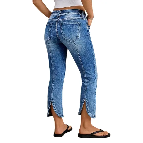 Flamingals Wash Ripped Split Hem Mid Rise Cropped Bootcut  Jeans Womenswear Stretchy 25" Inseam