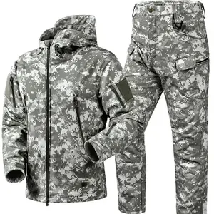Winter Thicken Men Camo Suit Waterproof Tactical Training Set Multi-pocket Hooded Jacket Fleece Pants Outdoor Hunting 2-piece Autumn