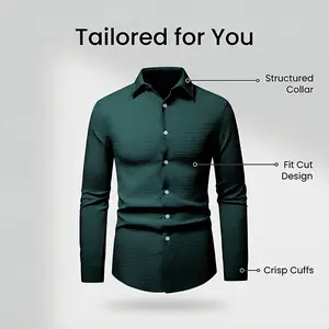 Men's Custom-Made Dark Green Textured Slim Fit Shirt - Tailored for Business & Casual Wear, Structured Collar, Fit Cut Design, Crisp Cuffs