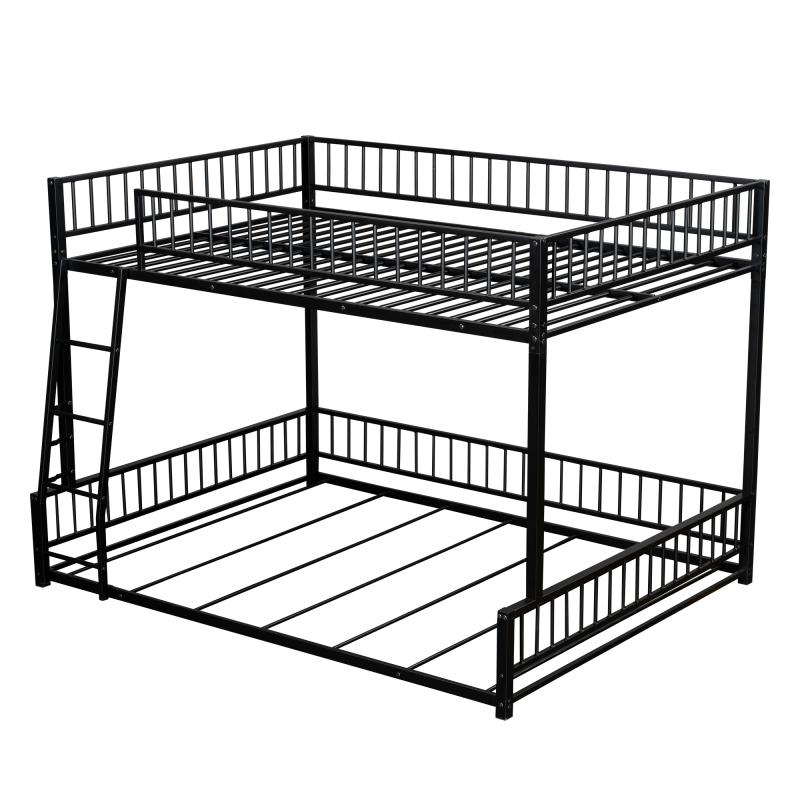 Modern Full XL Over Queen Bunk Bed Frame, Metal Floor Bunk Bed Frame with Ladder & Guardrails, No Spring Box Needed, That Can Separate, Black