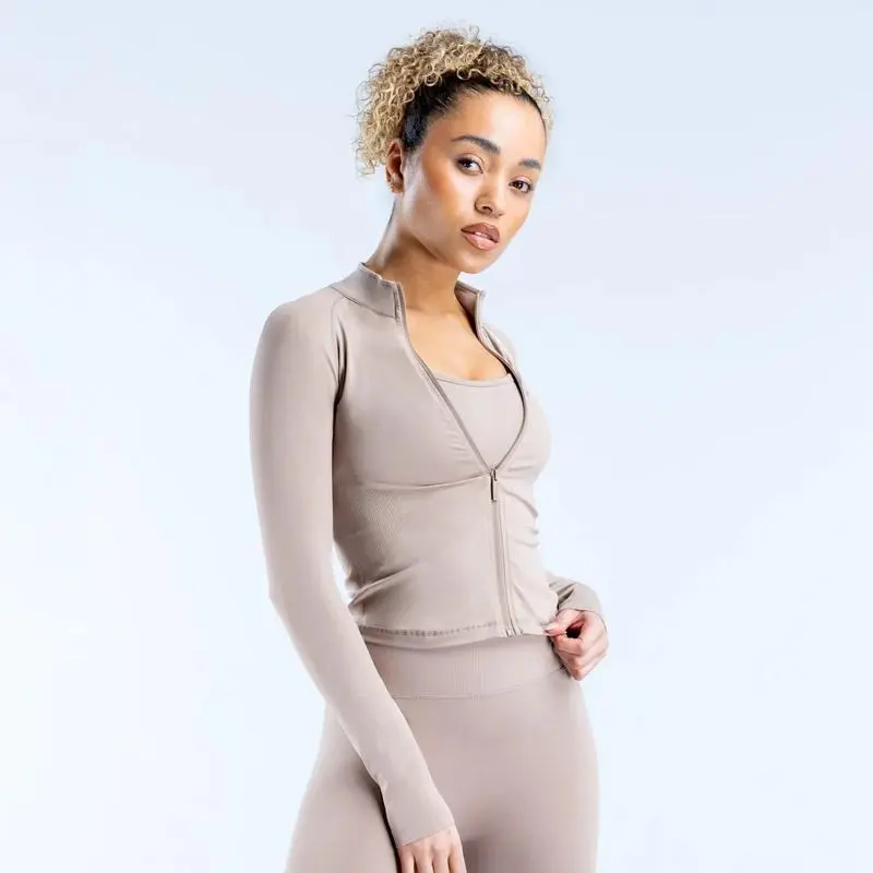 Female Dynamic Zippy Gym Jacket - Long-Sleeve Zip-Up, Compression, Plain, Seamless Fit, Standard Sizes, Matches Women's Seamless Sports Attire for Fitness