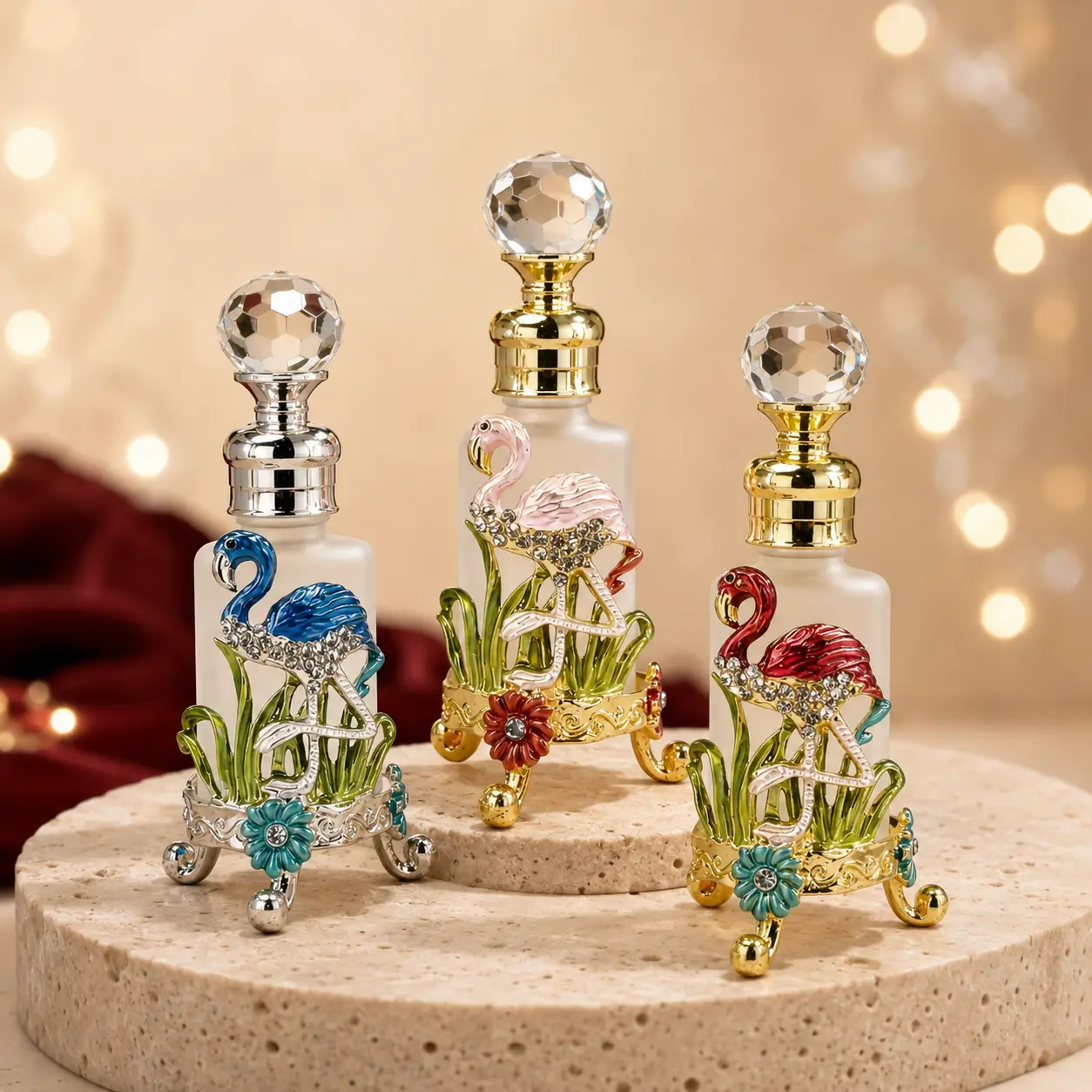 12ml Refillable Perfume Oil Bottle with Glass Dip Stick - Decorative Flamingo Vanity Decor, Crystal Top Empty Fragrance Container for Essential Oils