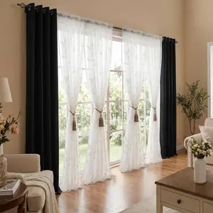 6 PANELS Combination Curtains Including : 2 PANELS 54"X84" Solid Full Blackout Grommets Curtains & 4 PANELS 54"X84" Auover Embroidery Doli Sheer Rod Pocket Curtains QF222 FT7005