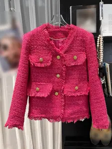 Fashionable V-Neck Tweed Jacket for Women, Age-Reversing Light Luxury Style, High-End Design, Elegant Fitted Coat Casual Chic Outerwear for Spring & Fall