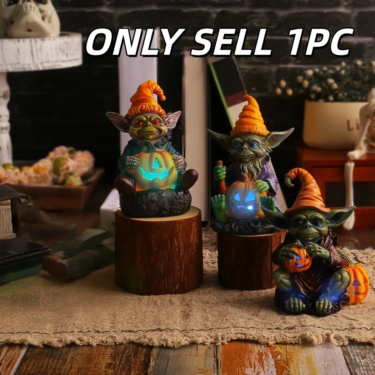 1pc Halloween elf doll holding pumpkin lantern, resin ornament, festive decor for home and desktop