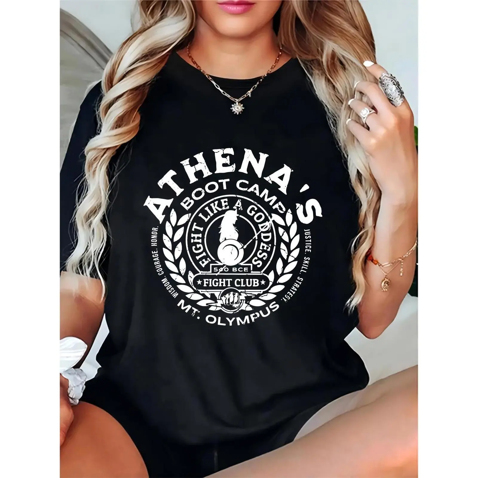 Women’s Black T-Shirt with Athena’s Boot Camp “Fight Like a Goddess” Vintage Graphic | Greek Mythology Inspired, Perfect for Gym, Workout, Casual Wear