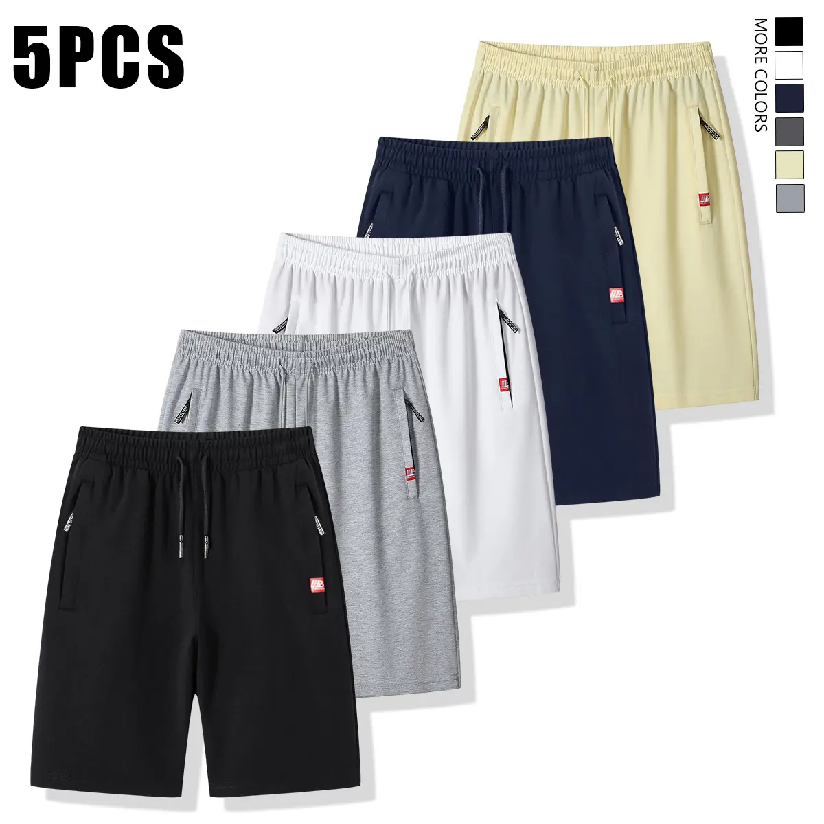 5pcs Men's Summer Casual Shorts with Elastic Waistband, Drawstring & Zipper Pockets - Black, White, Dark Gray, Navy Blue, Apricot - Lightweight & Breathable for Casual Attire, Breathable Shorts | Drawstring Shorts | Stylish Shorts