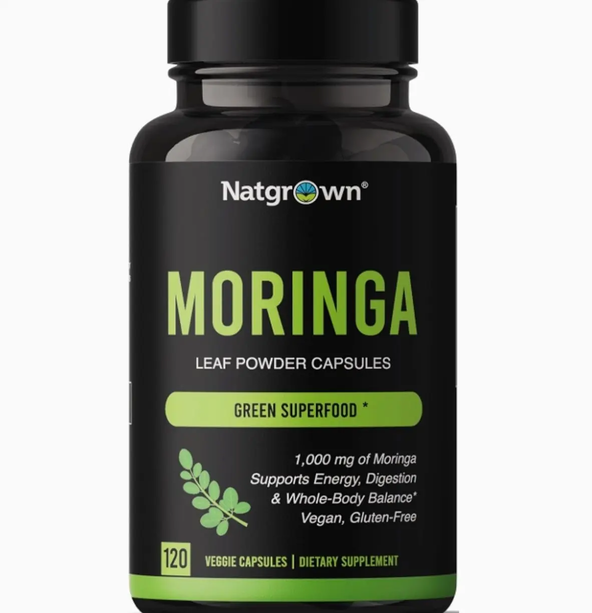 Natgrown Organic Moringa Capsules 1,000 mg - Pure Moringa Leaf Powder - Green Superfood Supplement - Vegan, Gluten-Free - 120 Capsules