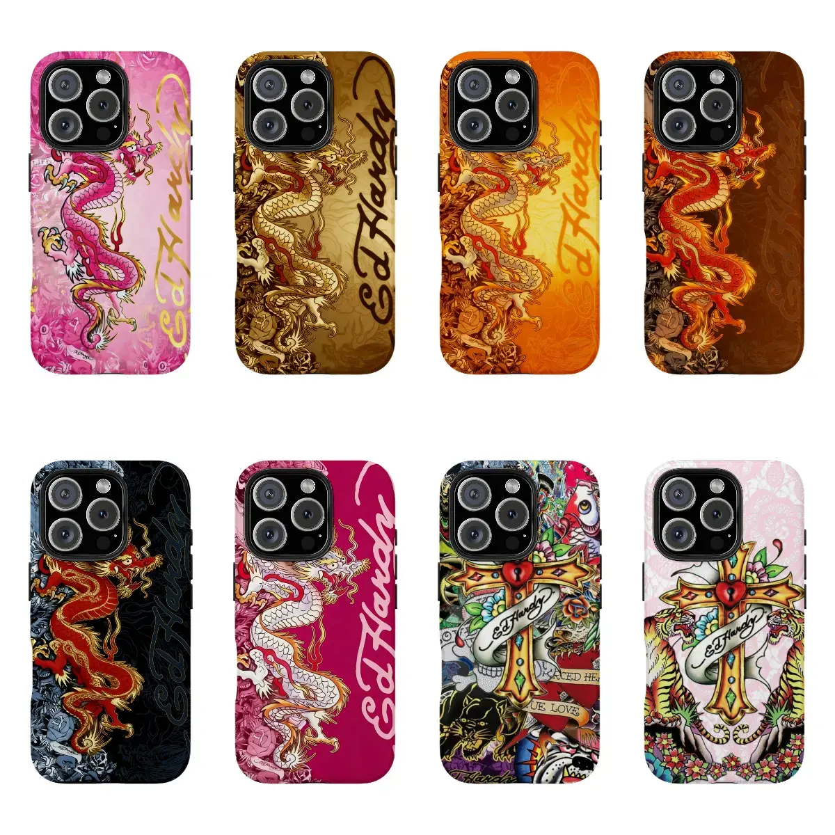 Pink Ed Hardy Skull Leopard Tattoo iPhone Case Aesthetic Y2k Trendy Tiger Ed Hardy Collage Phone Case for iPhone 11 - 17