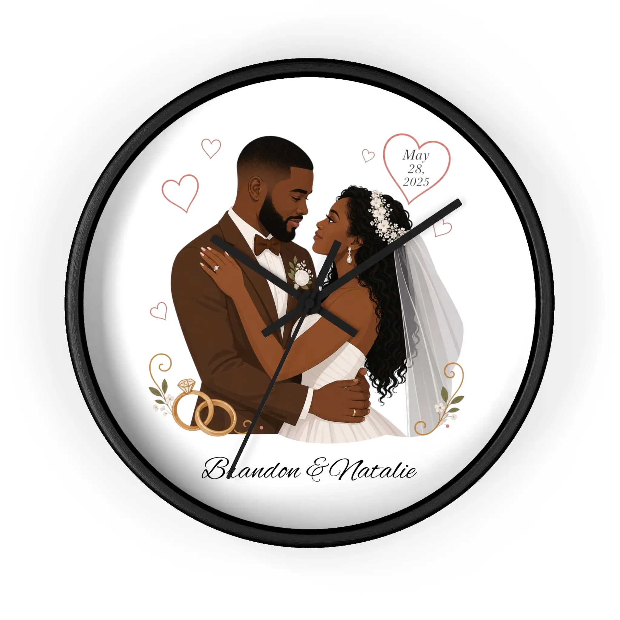 Bride and Groom Wedding Illustration Wall Clock | Personalizable Names & Date