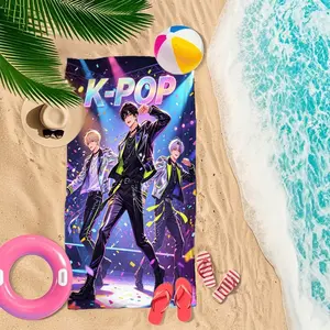 K-Pop Male Group Stage Anime Print Ultra-Fine Fiber Beach Towel, Quick-Dry Absorbent Hairless Bath Towel, Poolside Vacation Towel