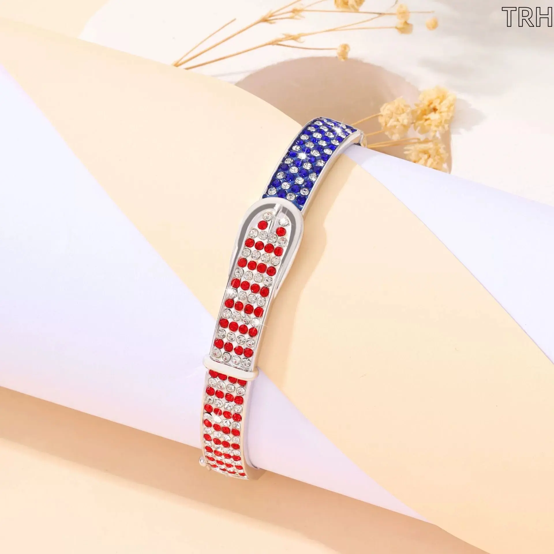 Women's Silver-Plated American Flag Synthetic Rhinestone Inlay Bangle Bracelet - Red, White, Blue Crystal Cuff, Sparkling Patriotic Statement Jewelry for 4th of July, Daily/Holiday Gift for Jewelry Lovers, Fourth Of July