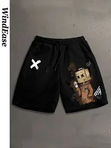 Cartoon Character Print Gym Shorts, Y2K Post-Apocalyptic Street Style, Preppy Floral Pattern, Loose-Fitting, Trendy Casual Wear, Streetwear Sports Shorts