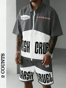 Men's Harsh Cruel Sporty Streetwear Casual Set, Loose Fit Blouse & Shorts, Zipper Top, Racing Style, Regular Length, Colorblock Pattern