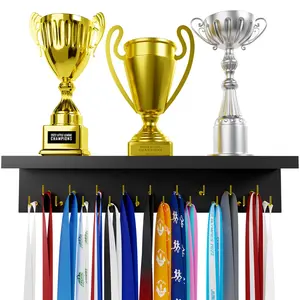 EVERMORE Medal Hanger Display and Trophy Shelf with Hooks - Wooden Medal Holder for Wall Mount Ribbon Display, Trophy Display Shelf for Gymnastics, Soccer, Running Race Medals Awards Rack